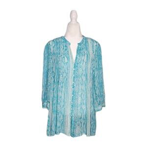 Cynthia Steffe Snake Print Button Front Long Sleeve sheer turquoise Blouse sz L